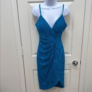 Guess Teal Blue Ruched Cocktail Dress Sz 2 Silky Floral Lace Adjustable Straps